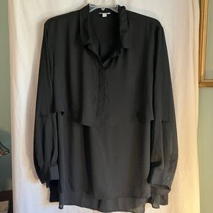 Black chiffon like top with overlaying piece. Button placket & roll tab sleeves